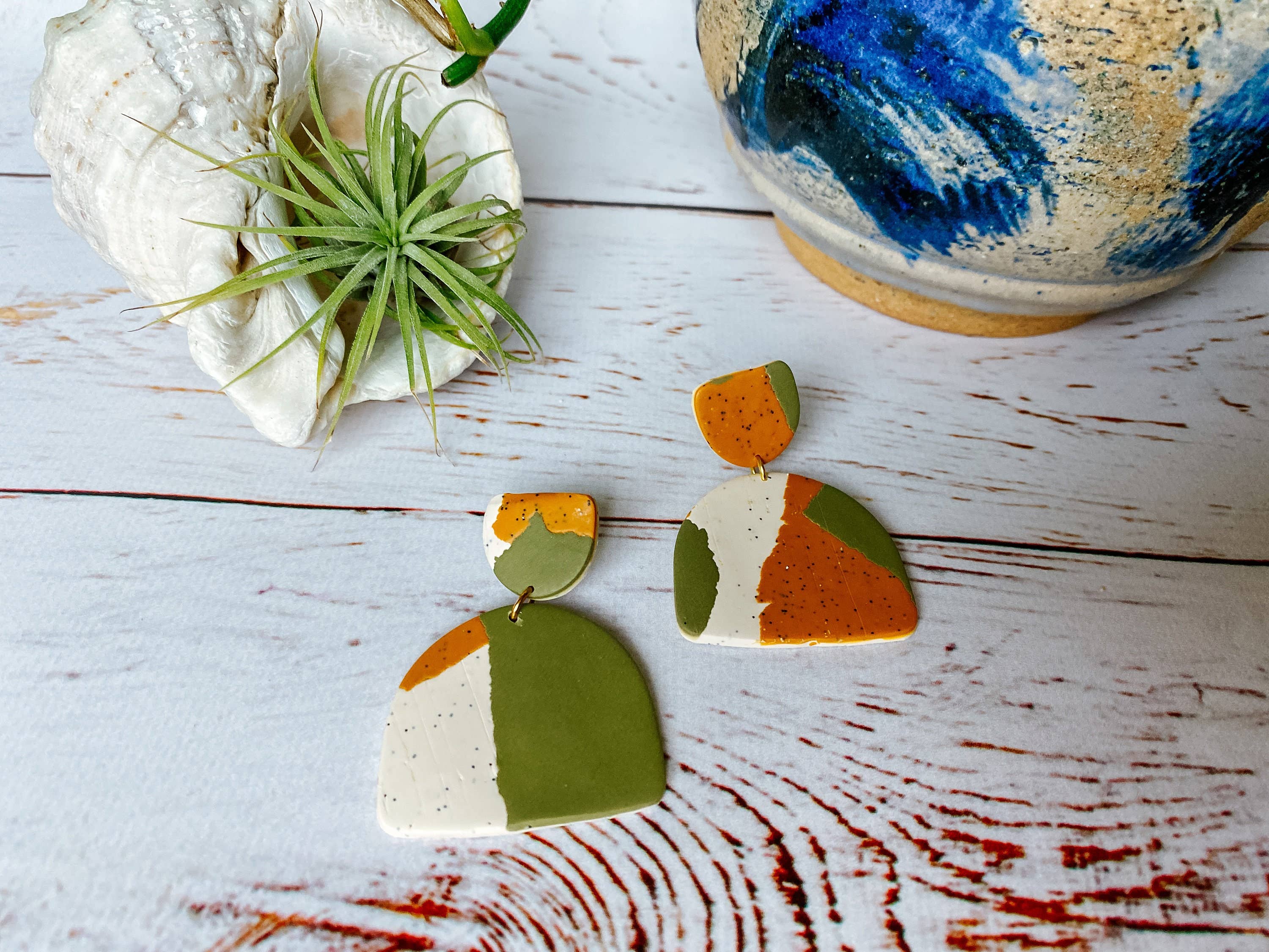 Lauren Likes Art - Wholesale Dangle Earrings - Olive Green Mustard Yellow Abstract Earrings, Big Dangle Earrings, Gift for Women, Statement Earring, Earth Tone Jewelry, Beige Taupe Ombre2