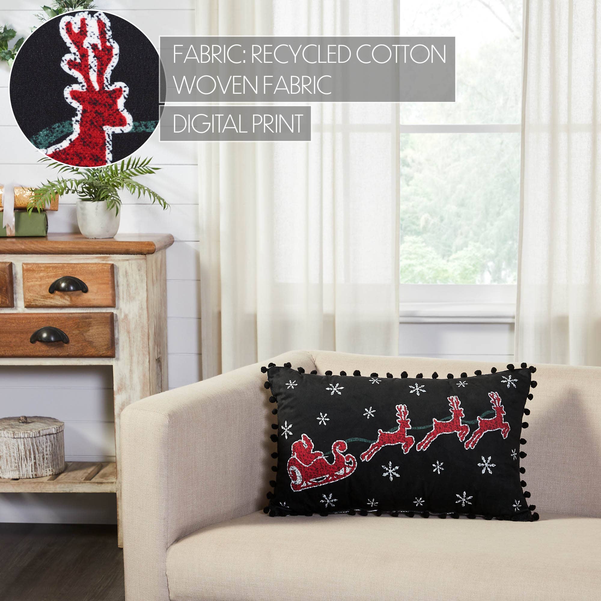 VHC Brands - Wholesale Throw/Decorative Pillow - Annie Black Check Santa Sleigh Pillow 14x221