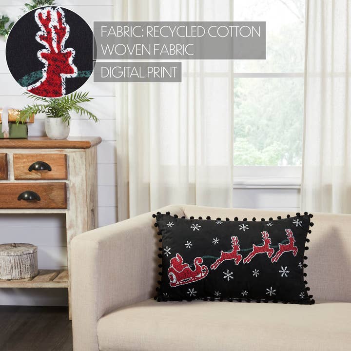 VHC Brands - Wholesale Throw/Decorative Pillow - Annie Black Check Santa Sleigh Pillow 14x221