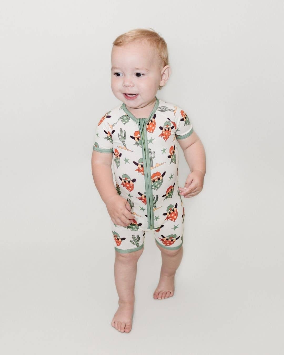 Grassy Creek Designs - Wholesale Jumpsuit - Baby - Bamboo Shorty Romper | Smiley Cowboy2