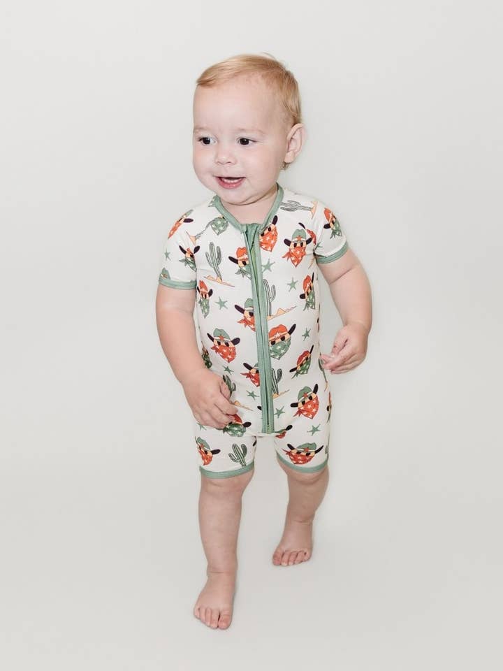 Grassy Creek Designs - Wholesale Jumpsuit - Baby - Bamboo Shorty Romper | Smiley Cowboy2