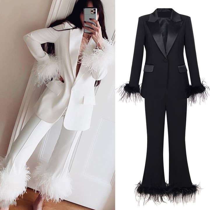 Productseeker – wholesale Suit set – Women′s – SET069 Ostrich Feather Blazer & Women's Pants Suit1