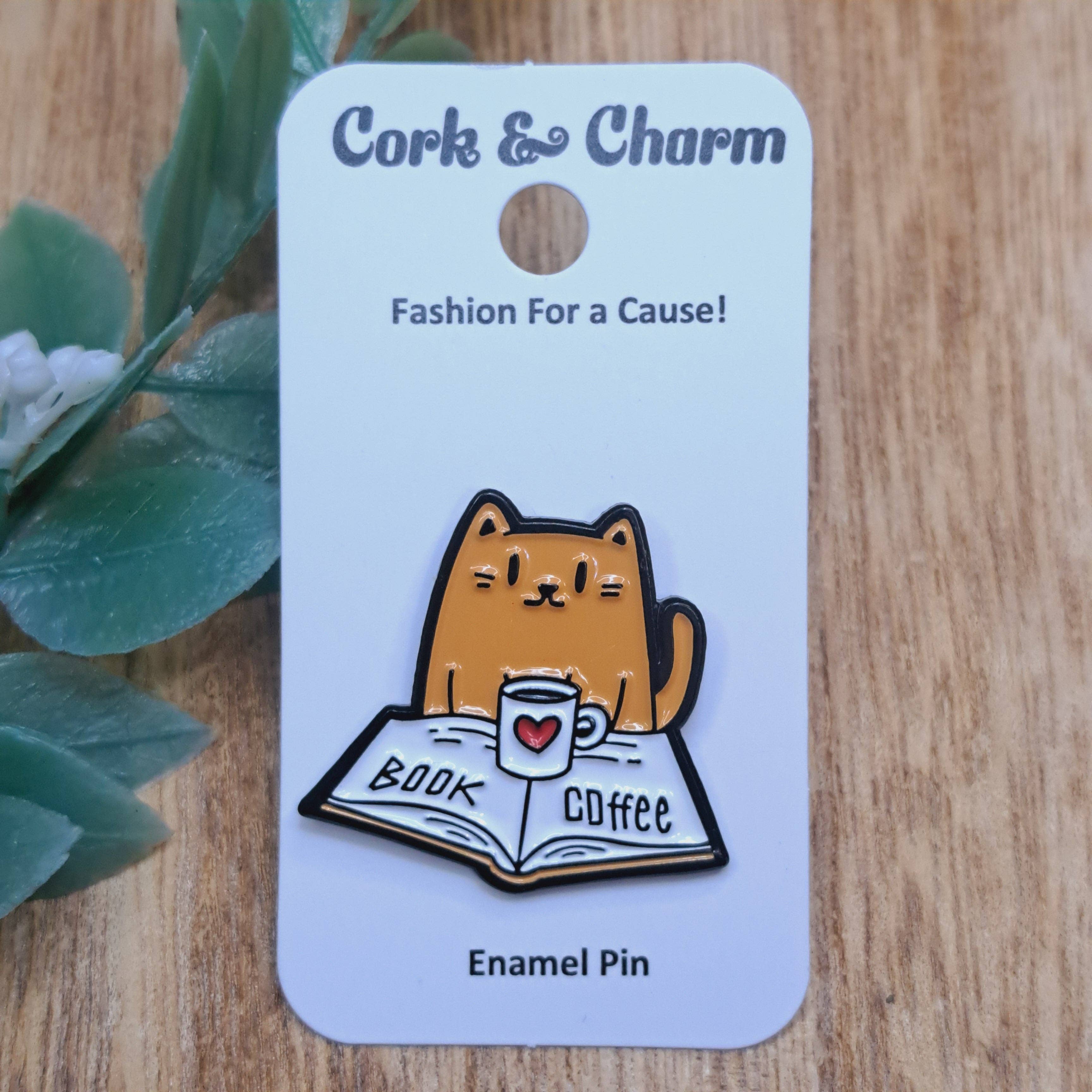 Cork and Charm - Wholesale Lapel Pin/Button - Cat Coffee Book Enamel Pin0