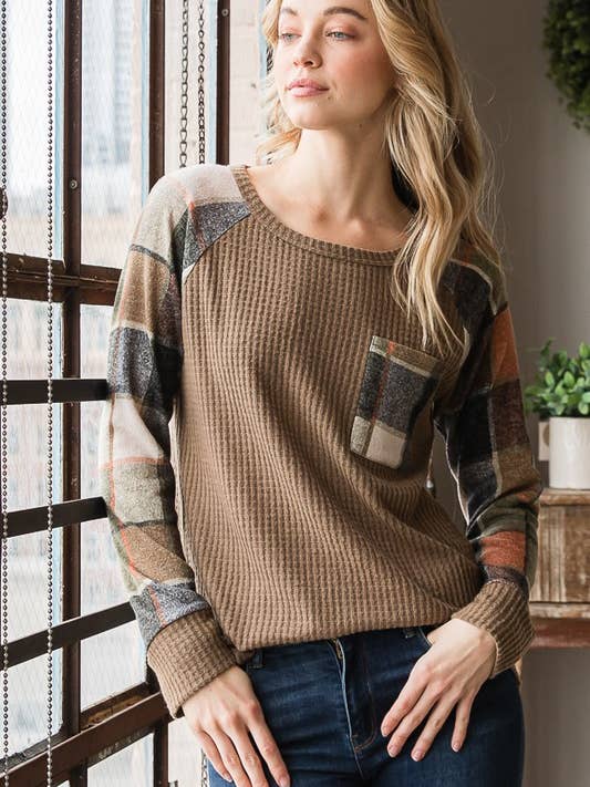 HEIMISH - Wholesale Blouse - Women's - ET6884-10 SOLID WAFFLE AND PLAID TOP WITH POCKET6