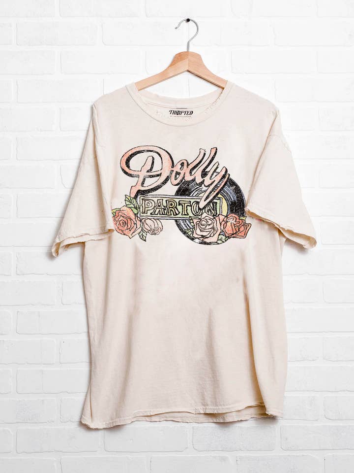 LivyLu - Wholesale Screen Printed T-Shirt - Unisex - Dolly Parton Rose Record Off White Thrifted Graphic Tee0