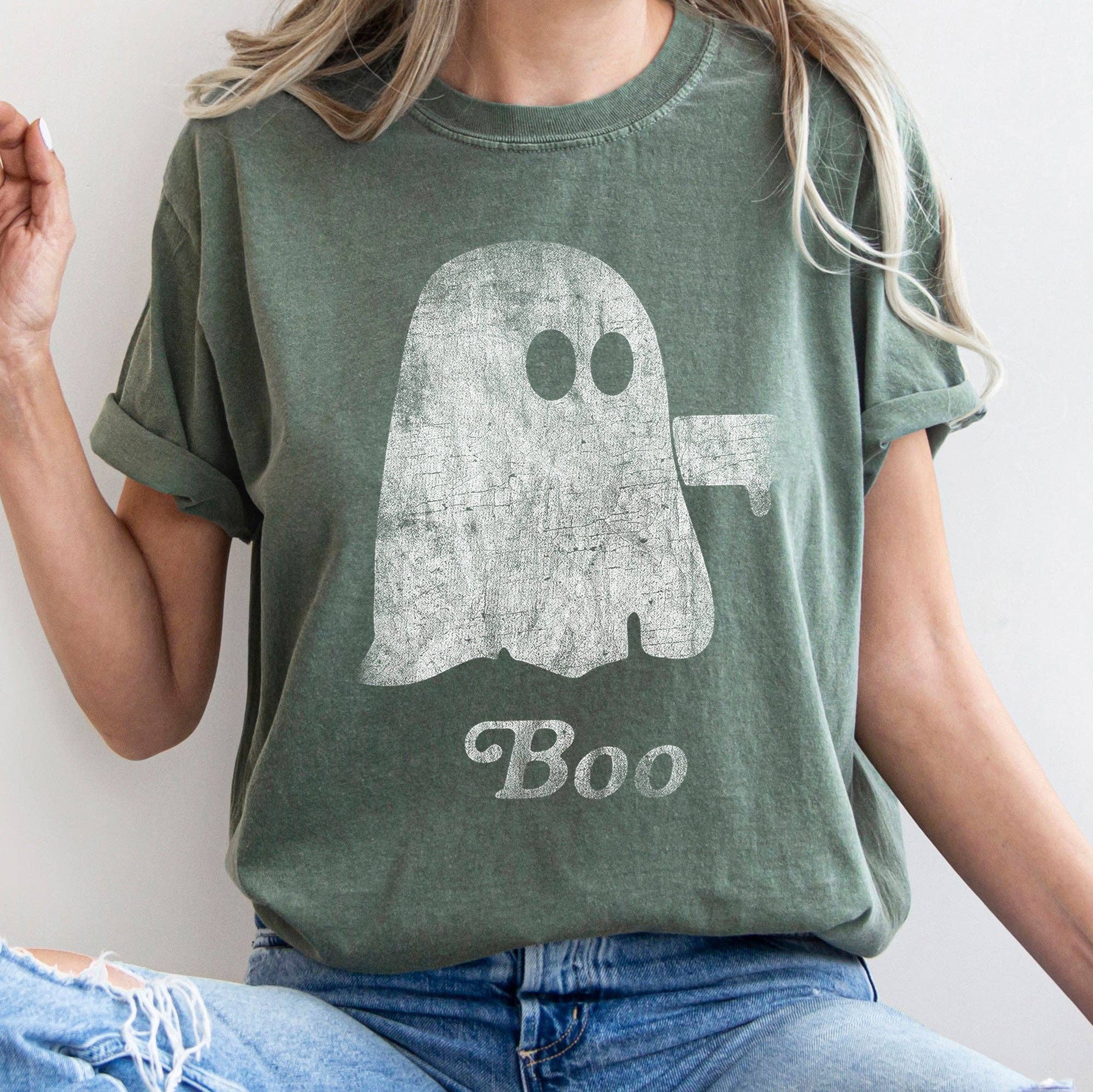 Refinery Number One LLC – T-shirt estampada - Mulher por atacado – T-shirt Boo Retro Ghost Branca Estampada1
