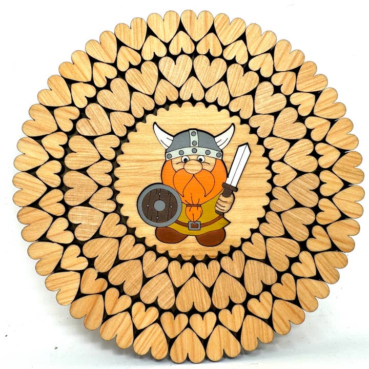 Wooden Trivet with hearts Viking with red beard for wholesale by Nordic Dreams