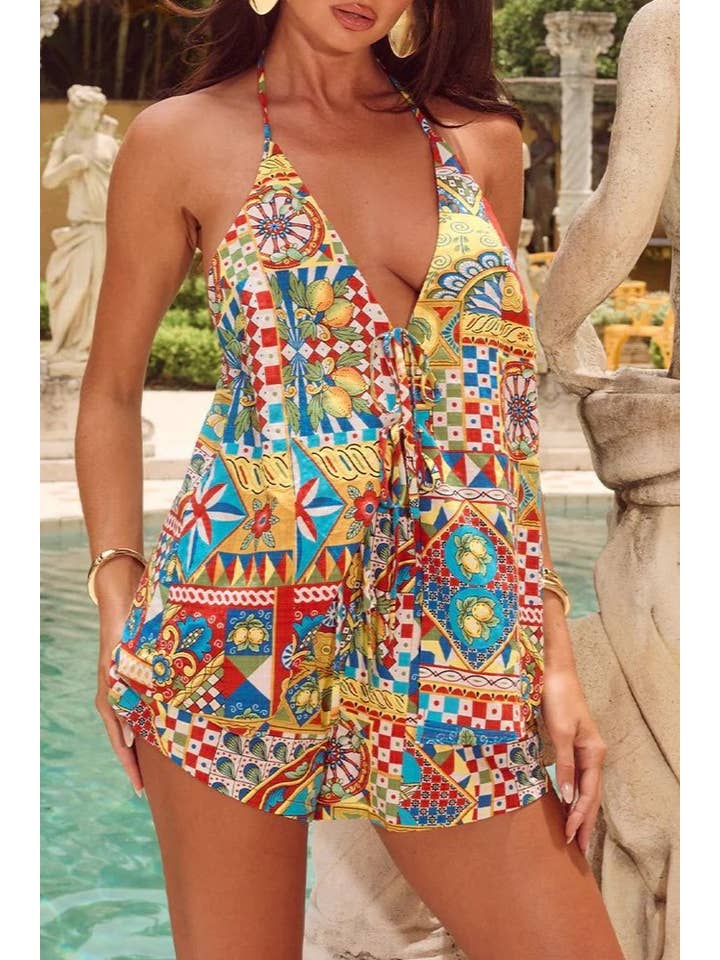 Rosa Clothing - Wholesale Top & Short Set (NOT Loungewear) - Women's - Sisyphus Italian Olives Graffiti halter bow tie top set