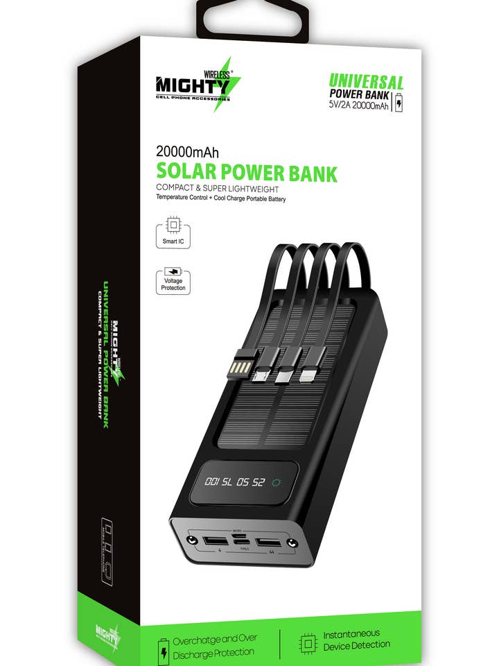 Mighty 20,000mAh Solar Power Bank with 4 Cables Black YM308 for wholesale by Mighty Wireless
