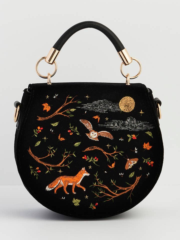 Fox & Owl Embroidered Black Top Handle Saddle Bag for wholesale by Fable England