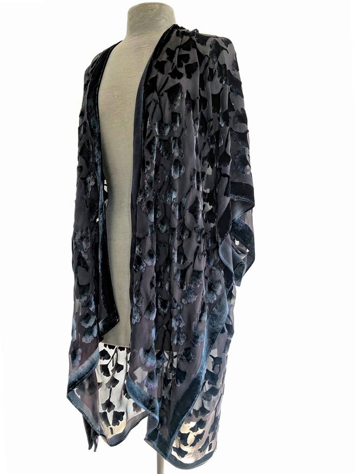 Black Velvet on Black Silk Chiffon Gingko Leaves Kimono for wholesale by Sherit Levin Textiles