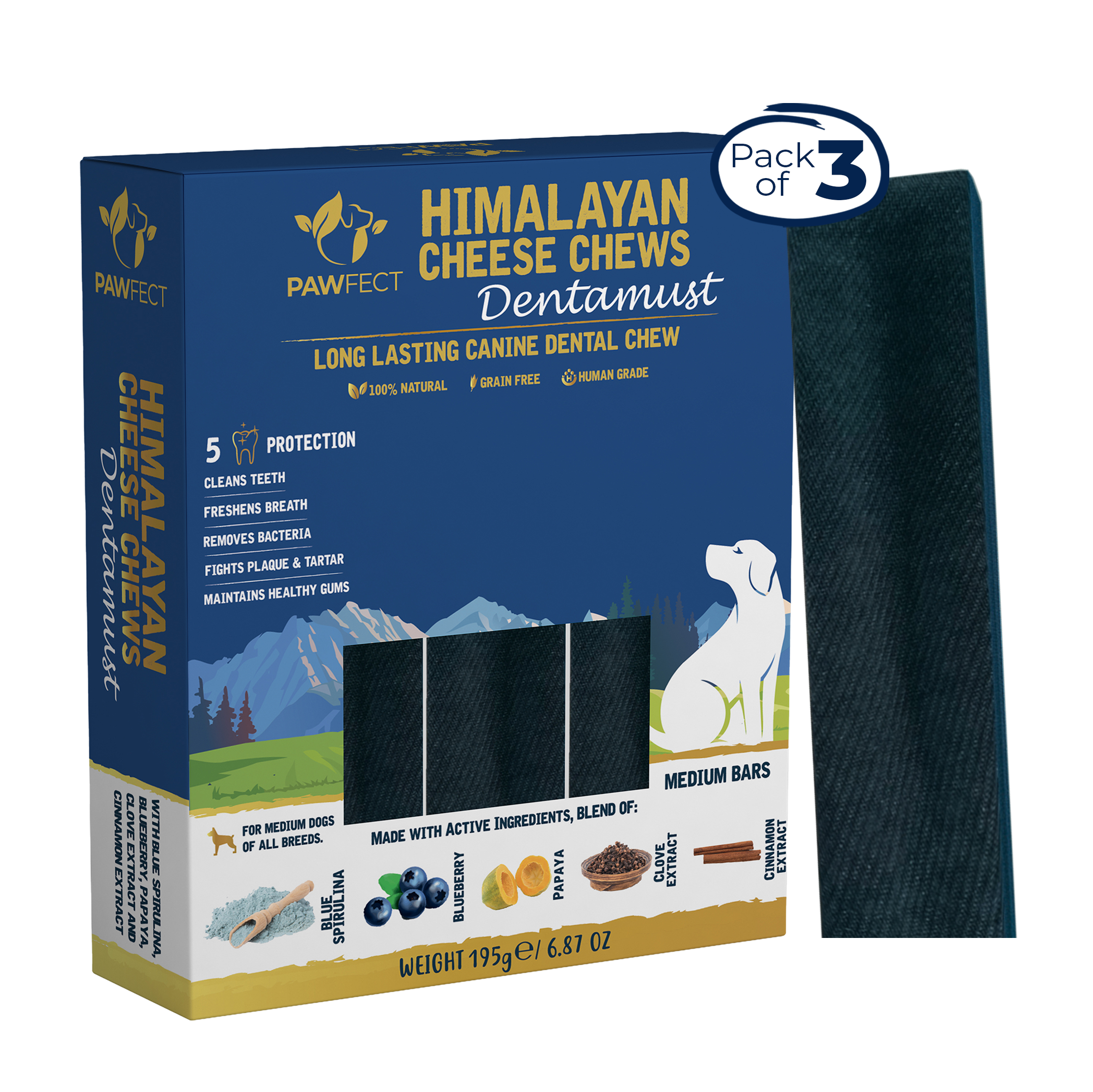 Pawfect Foods - Wholesale Pet Treats - Dog - Pawfect Dentamust Himalayan Cheese Chews with Blueberry & Papaya for Dogs|Long lasting dental chews with Superfoods |All Natural, High protein|Grain-free| Pack of 3 for Large Dogs0
