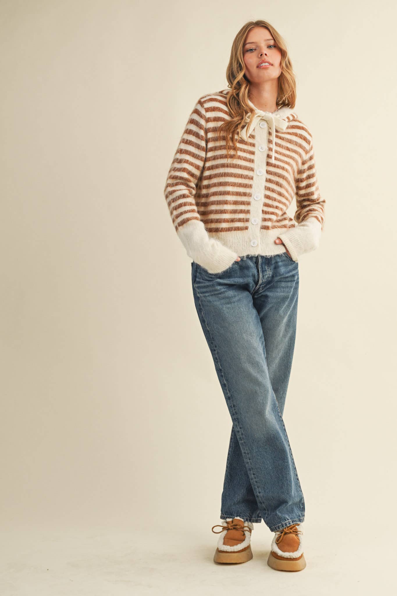 &MERCI - Wholesale Cardigan - Women's - STRIPED HOODIE SWEATER CARDIGAN MSW110638