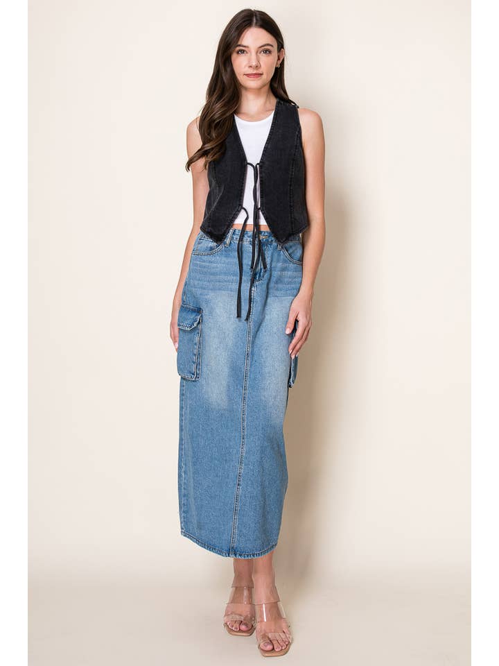 Faded Black Washed Denim Vest With Front Bow Ties for wholesale on Faire