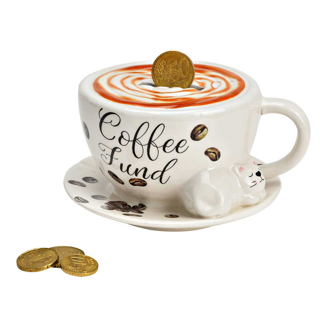 Wurm - Venta al por mayor Tarro de monedas/hucha de cerdito - Hucha taza "Fondo de café" de cerámica, blanco (A/L/P) 14x8x13cm1