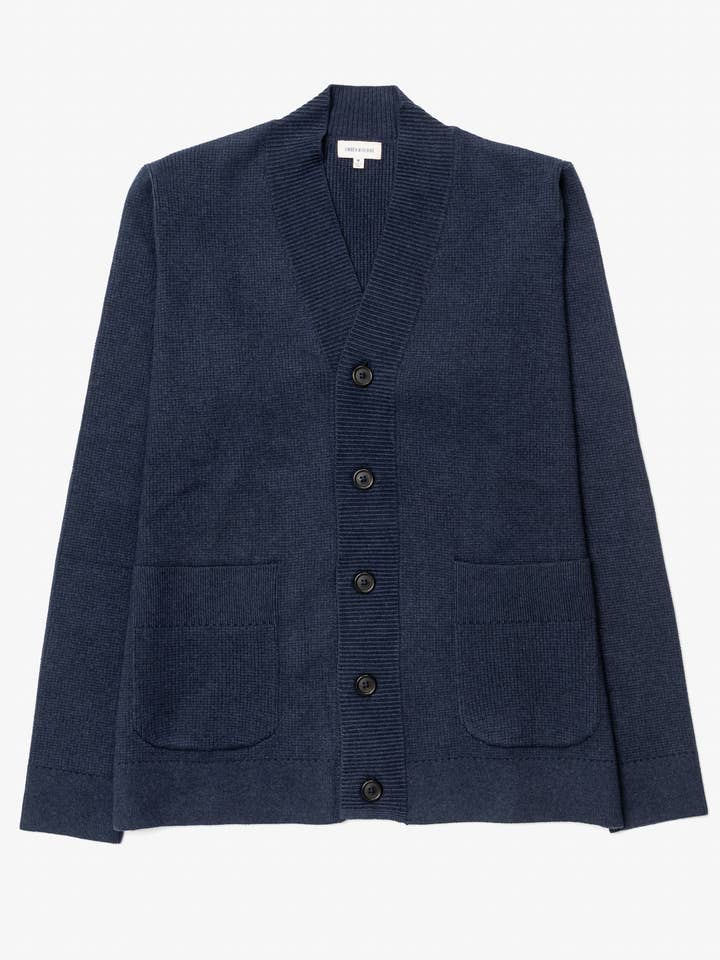 Cardigan en coton biologique en indigo pour la vente par Umber and Ochre