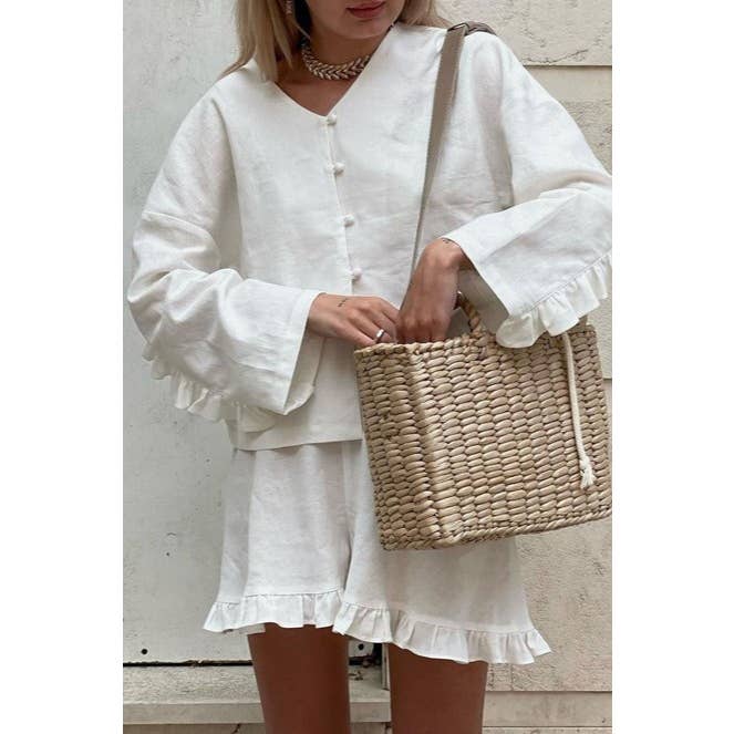 White Long sleeve blouse Ruffle Decor Shorts Set for wholesale on Faire