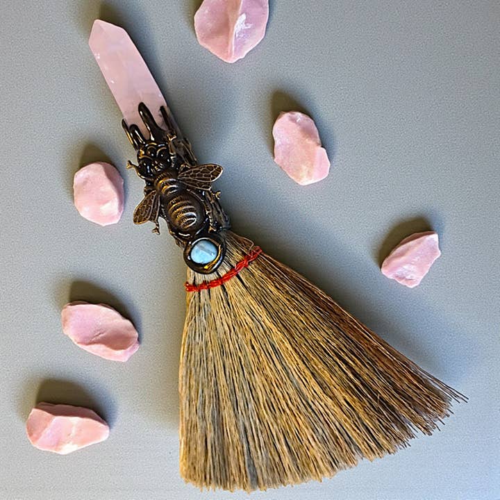 Small Besom/Witch's Broom, Rose Quartz with Moth for wholesale by Funky Aura Boutique