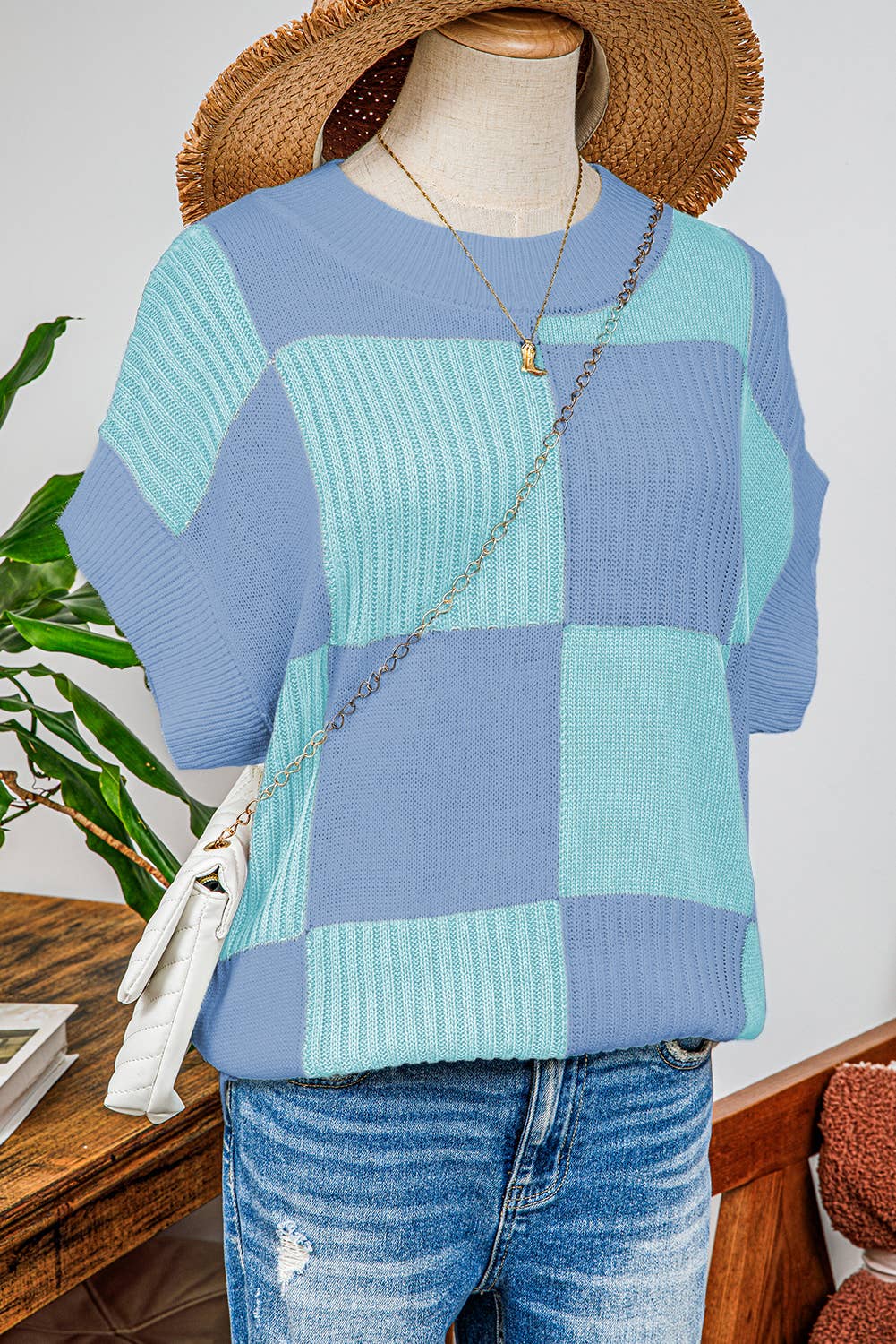 fashionworks - Wholesale Knit Sweater - Women's - Fashion-W Checkered Colorblock Short Sleeve Sweater10