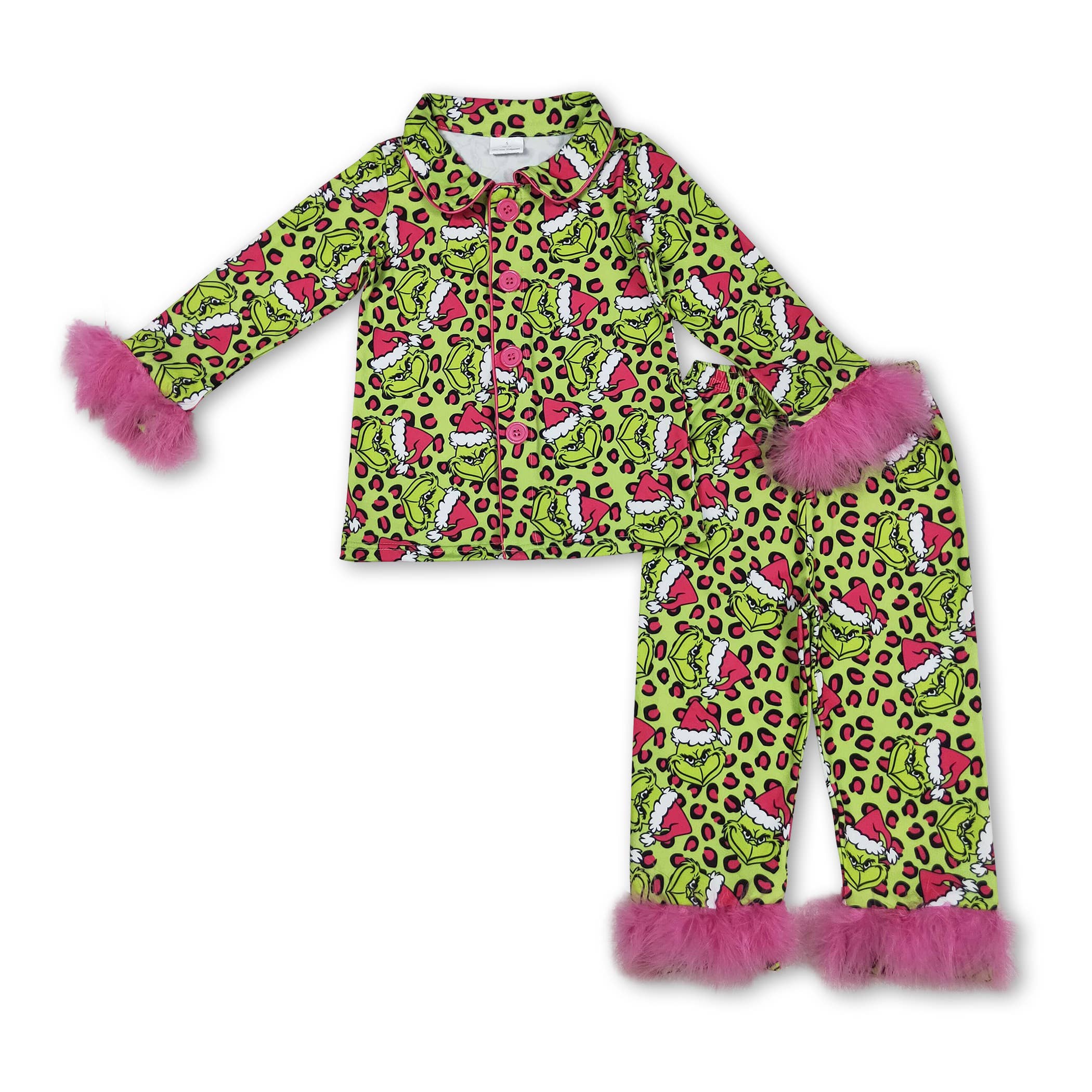 Yawoo Garments - Vente Haut et bas de pyjama – enfant - Pyjama boutonné en fourrure pour filles avec nœud en pain d'épice et sapin de Noël4