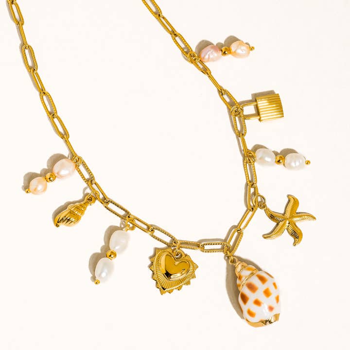 Ophélie 18K Gold Non-Tarnish Shell and Pearl Charm Necklace for wholesale on Faire