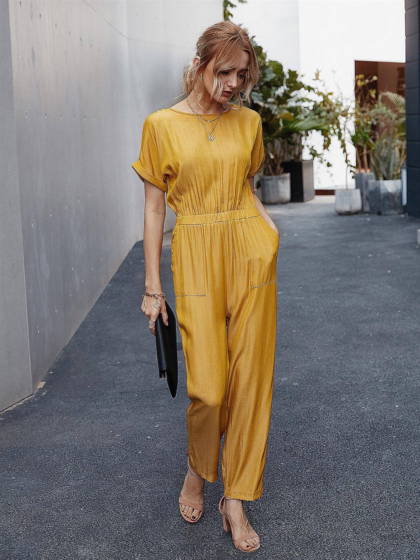 FS Collection - Wholesale Jumpsuit - Women's - Back Detail Short Sleeve Jumpsuit In Yellow
