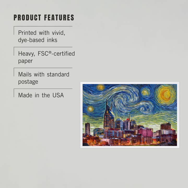 Lantern Press - Wholesale Postcard - PREMIUM POSTCARDS Nashville, Tennessee, Starry Night Series