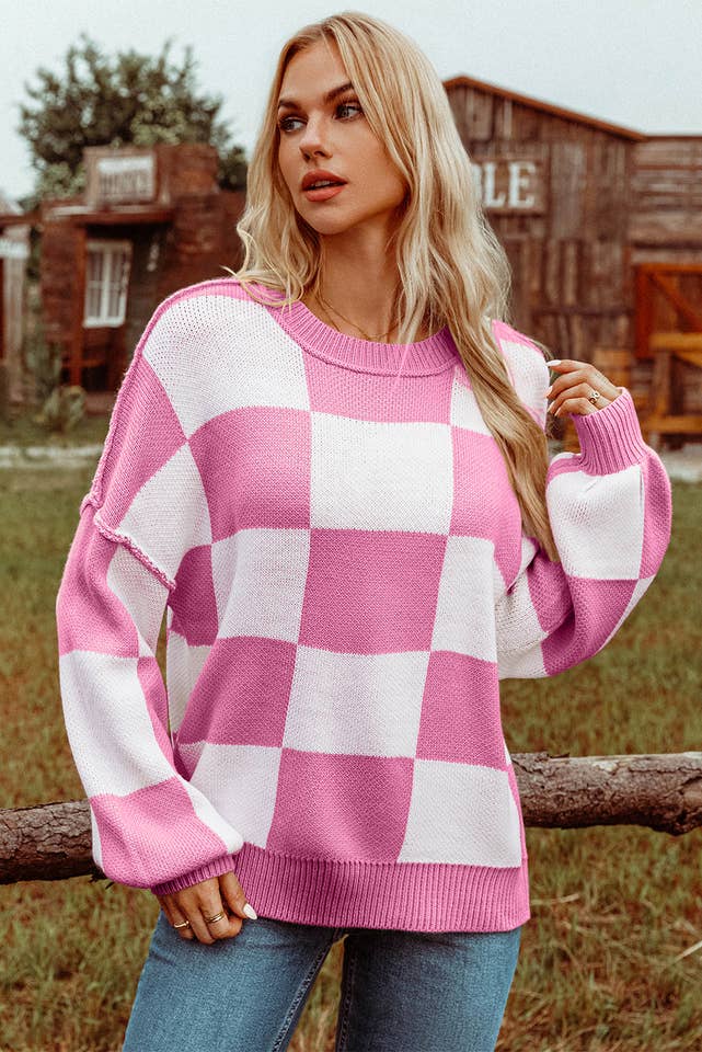 fashionworks - Wholesale Knit Sweater - Women's - Fashion-W Checkered Bishop Sleeve Sweater*S-2XL27