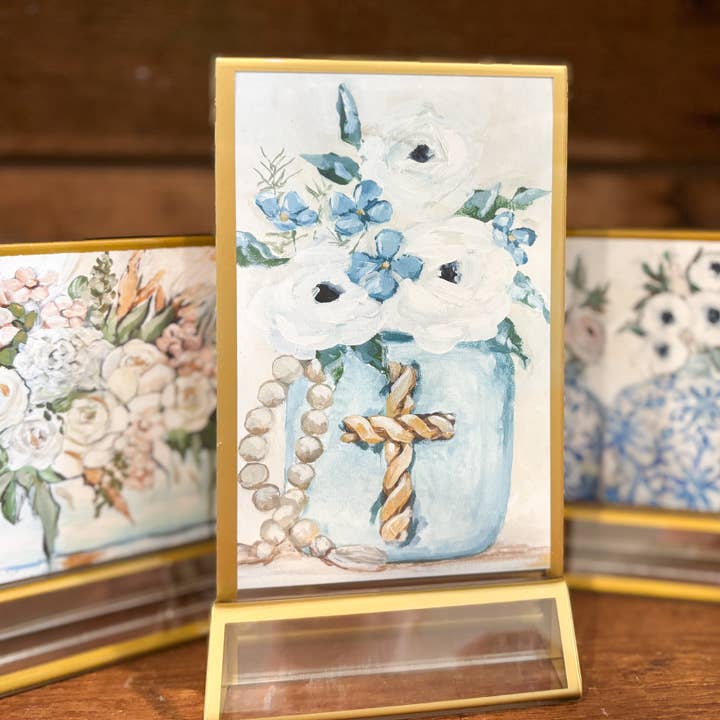 ‘Blå Kors Blomstret' i Akryl Guld Ramme Påske 4x6 for engroshandel hos Mackenzie Kissell Art