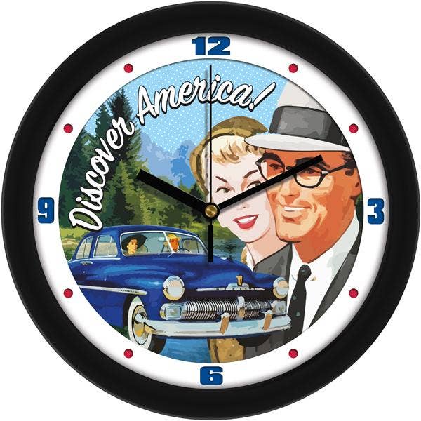 Discover America Retro Tourism Wall Clock for wholesale by Sun Time