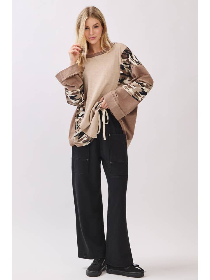 TAUPE COMBO Camo Patchwork Bell Sleeve Top for wholesale on Faire11