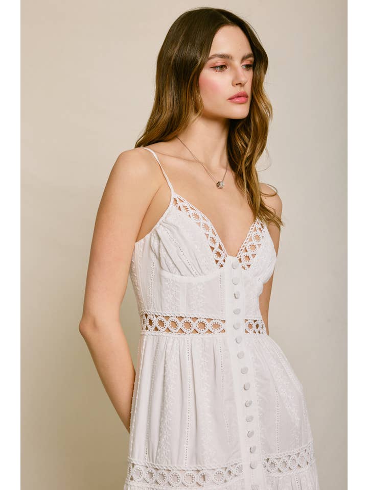 IVORY Sunbeam Eyelet Lace Inset Tiered Maxi Dress for wholesale on Faire4