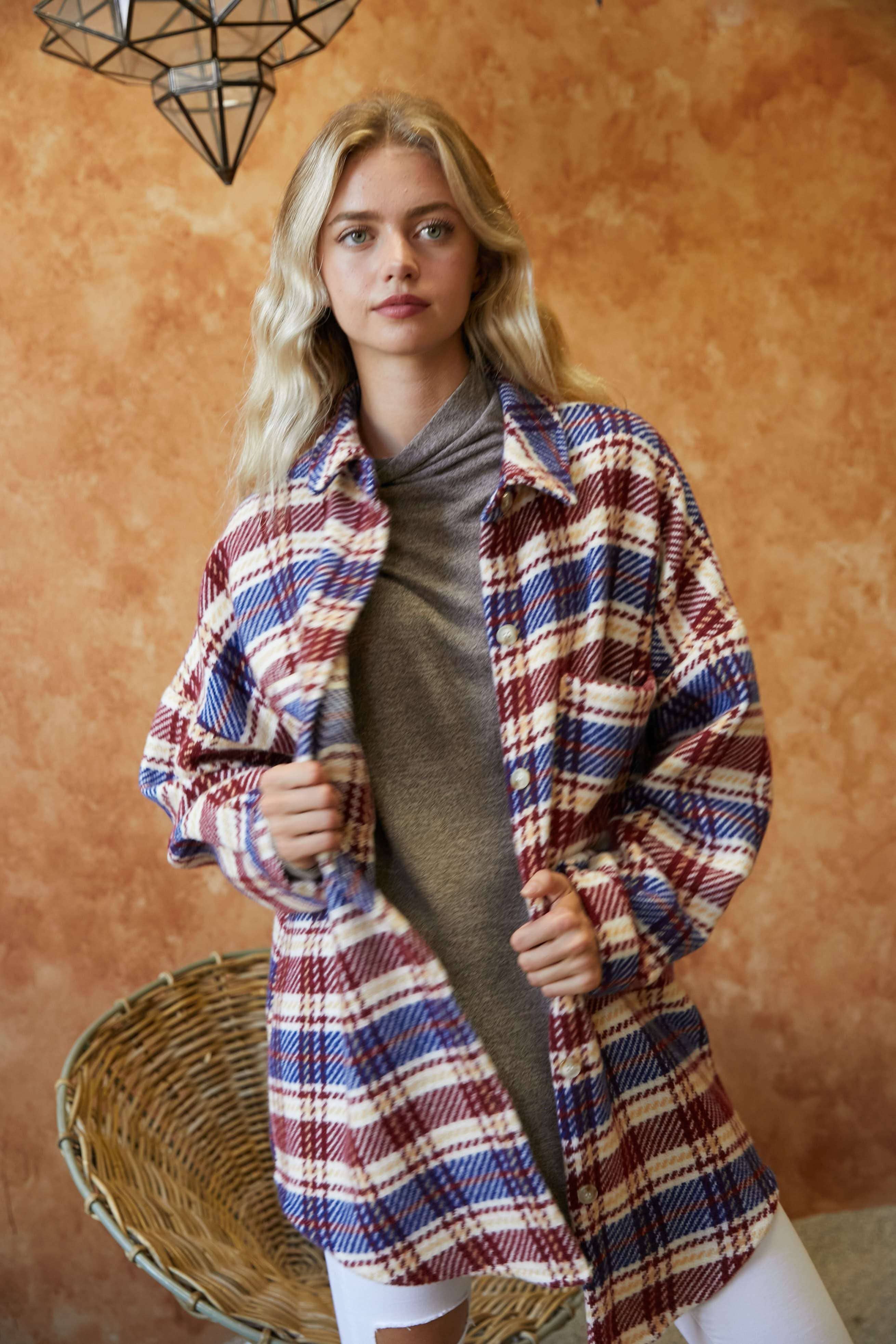 Davi & Dani - Vente Veste-chemise – femme - PLUS VESTE BOUTONNÉE À CARREAUX AVEC POCHE POITRINE10