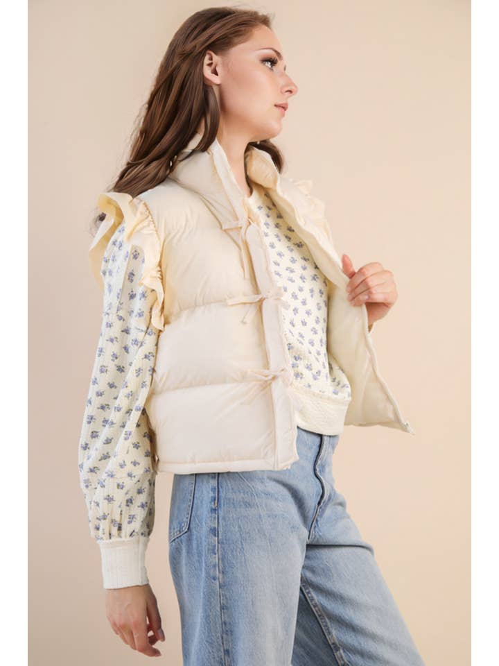 VERY J - Wholesale Puffer Jacket - Women's - NJ90385-Front Bow Ruffle Sleeve Puffer Vest30
