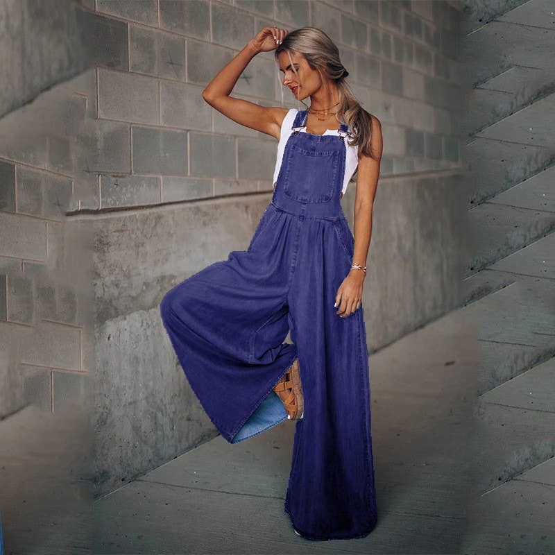 HIDDENBRAND - Wholesale Overalls - Women's - Loose overalls Big Pockets Hem Denim Wide Leg  Jumpsuit5