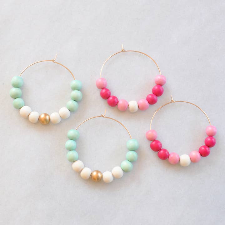 Sherbet Wood Bead Hoop Earrings in Pink and Mint Green for wholesale by Libby & Smee