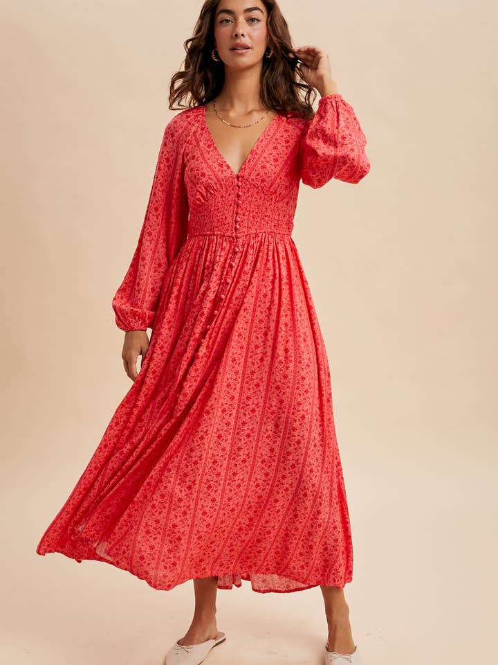 SMOCKED BUTTON DOWN MAXI DRESS for wholesale by In Loom