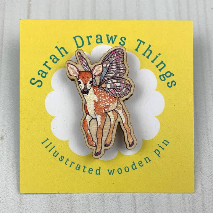 Fairy Fawn - 1.5" illustrated wooden pin for wholesale by Sarah Draws Things