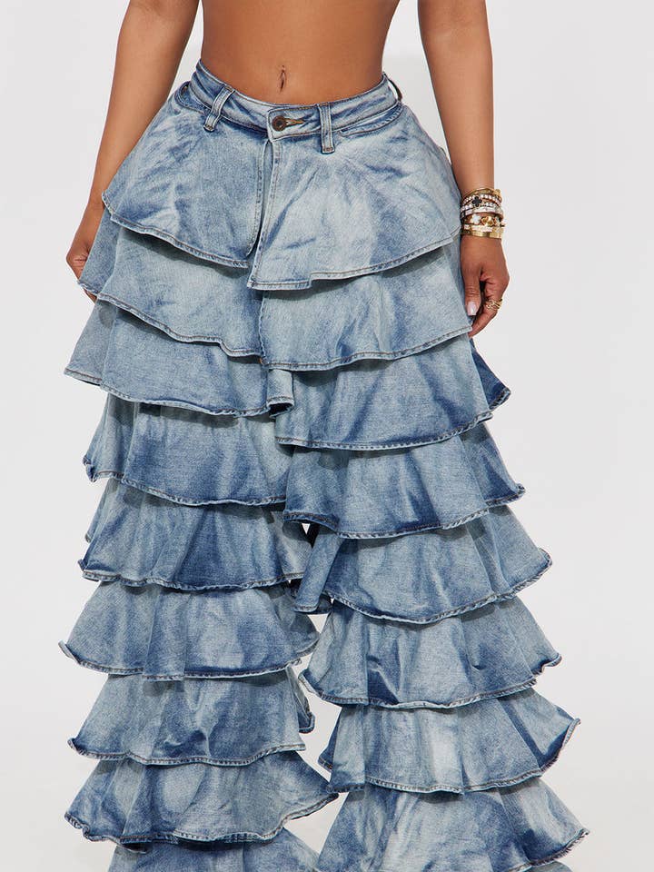 RUFFLE GELAAGDE DENIM BROEK voor wholesale door 5besties inc