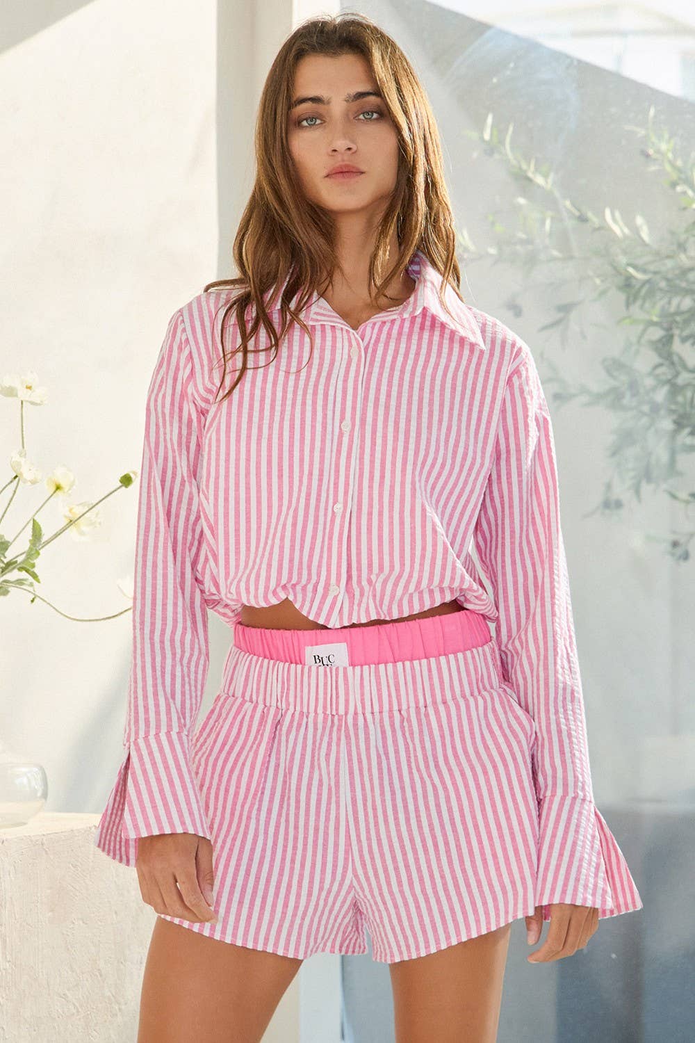 BUCKETLIST INC - Wholesale Shorts - Women's - P5492-1B Waist Double Elastic Banded Boxer Stripe Shorts 8