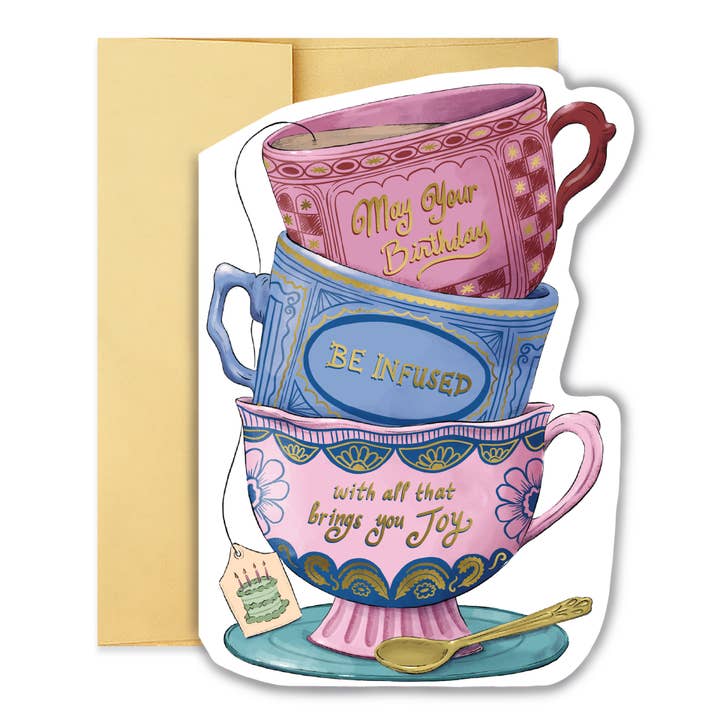 Infused Birthday Teacup Stack Diecut Card for wholesale by Good Juju Ink