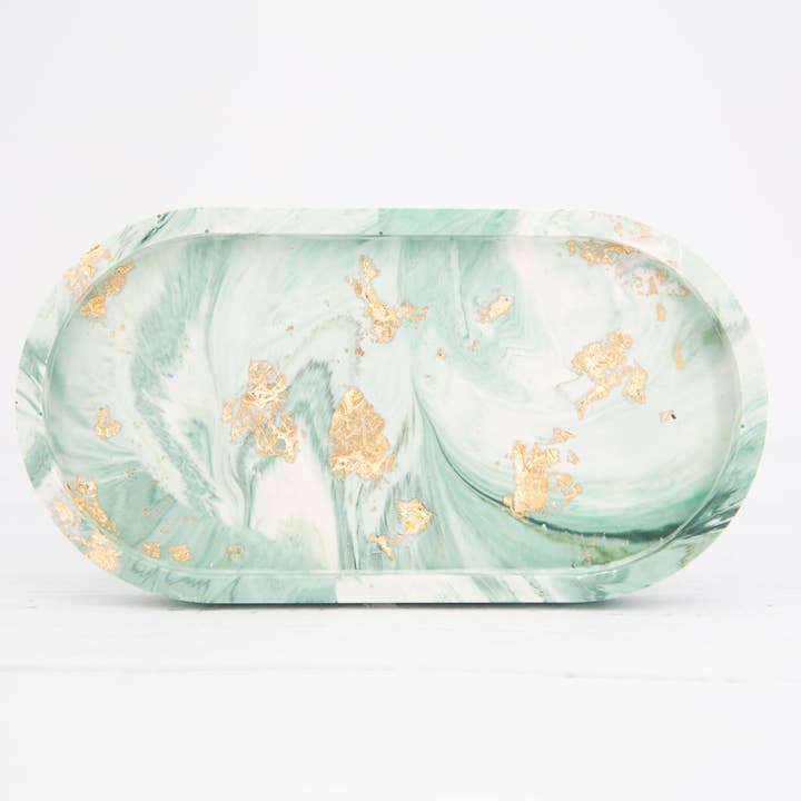 Handmade Jesmonite Oval Tray - Zen Green Marble & Gold Leaf for wholesale by Eco Homeware Studio