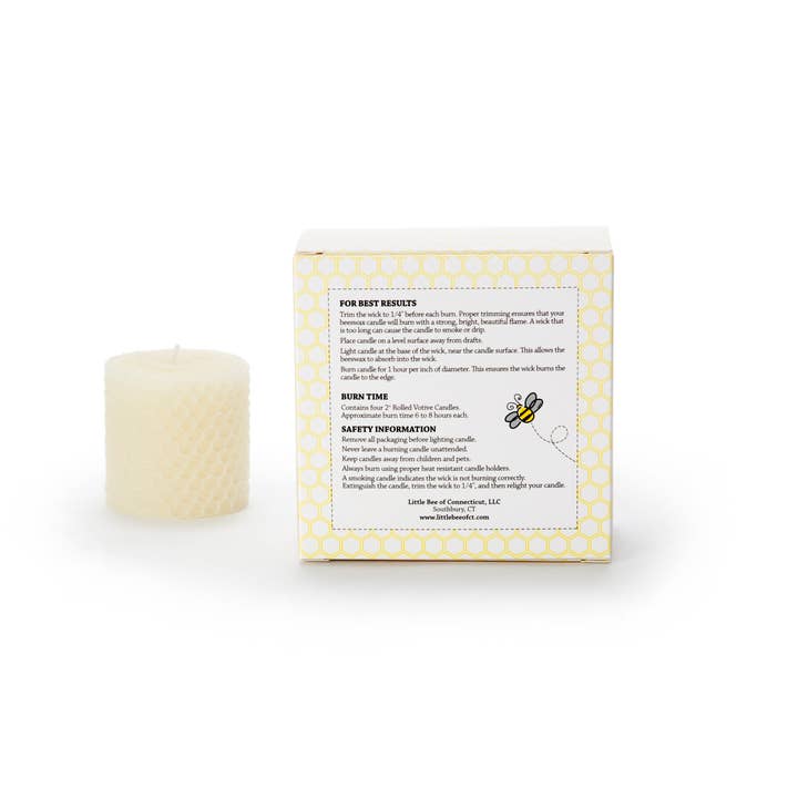 Little Bee of Connecticut - Venta al por mayor Vela votiva - Votivos de cera de abeja pura, enrollados a mano, paquete de 4