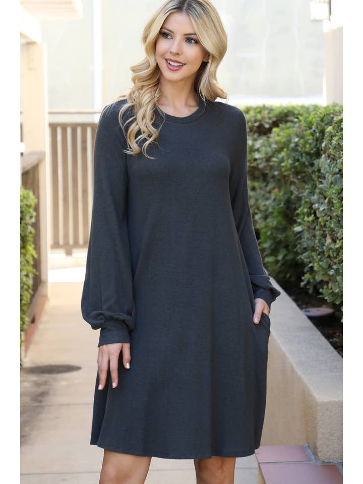 You & Me - Wholesale Dress - Women's - YMD10063V-PUFF LONG SLEEVE HACCI BRUSHED DRESS8