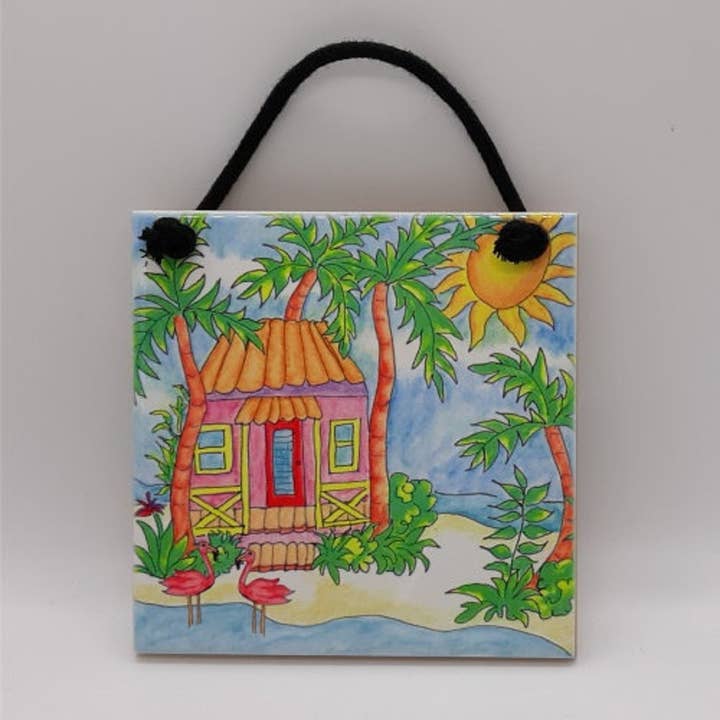 Two Flamingos Beach Cottage keramische tegels voor wholesale door Florida Vibes Art / Mungo Key Designs