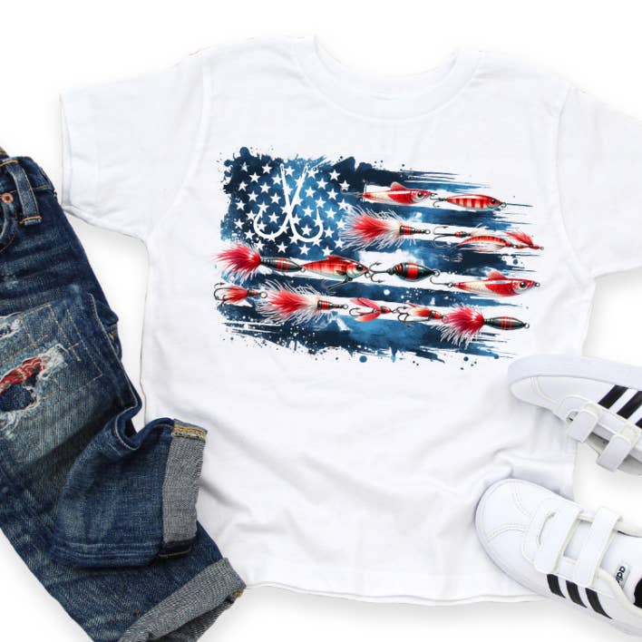 American Flag Fishing Lures Kids Youth Summer Tee Shirt for wholesale by AvaryMaeInspirations