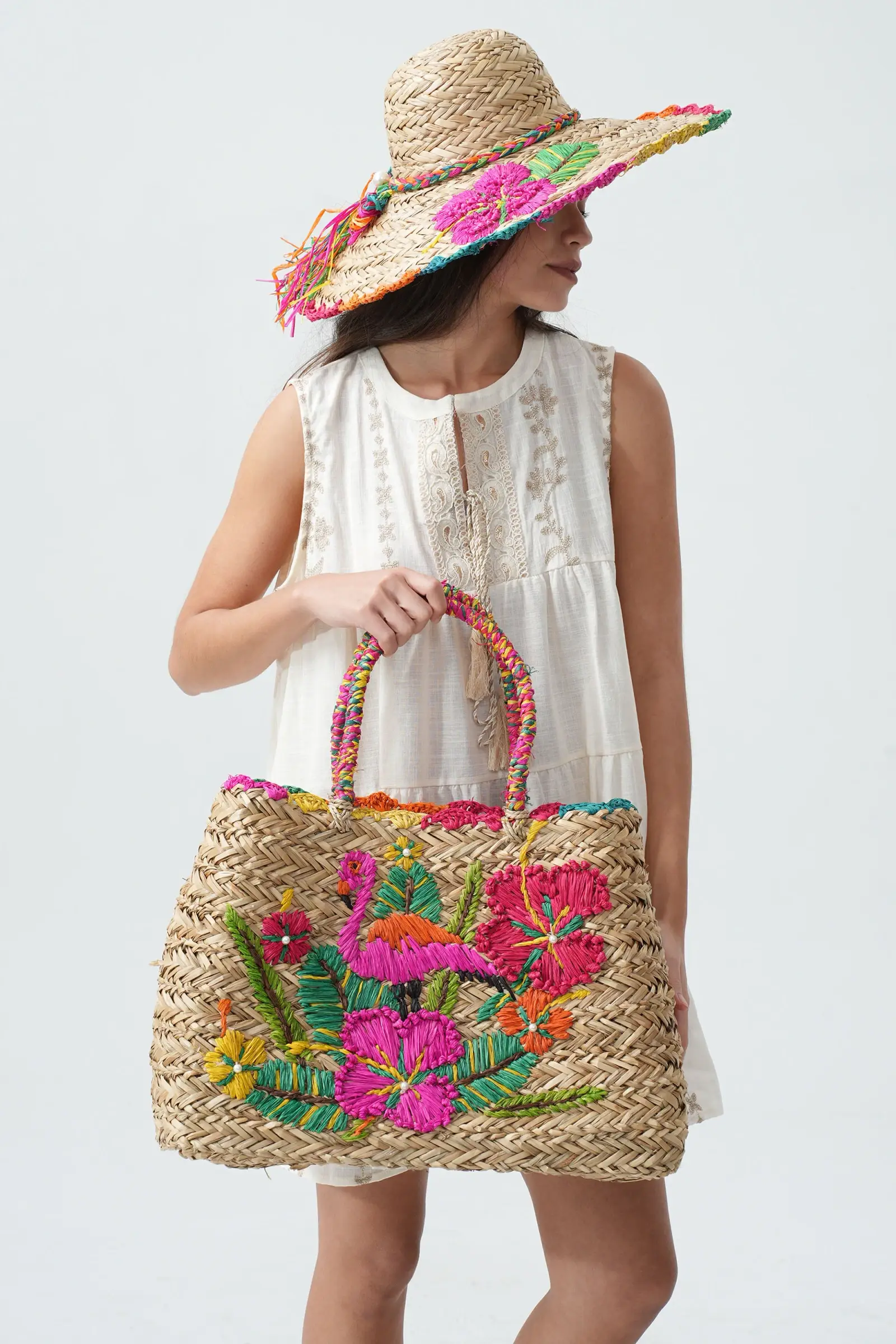multicoloured Embroidered Straw Tote Bag with Flamingo and Flowers BA-15321 for wholesale on Faire1