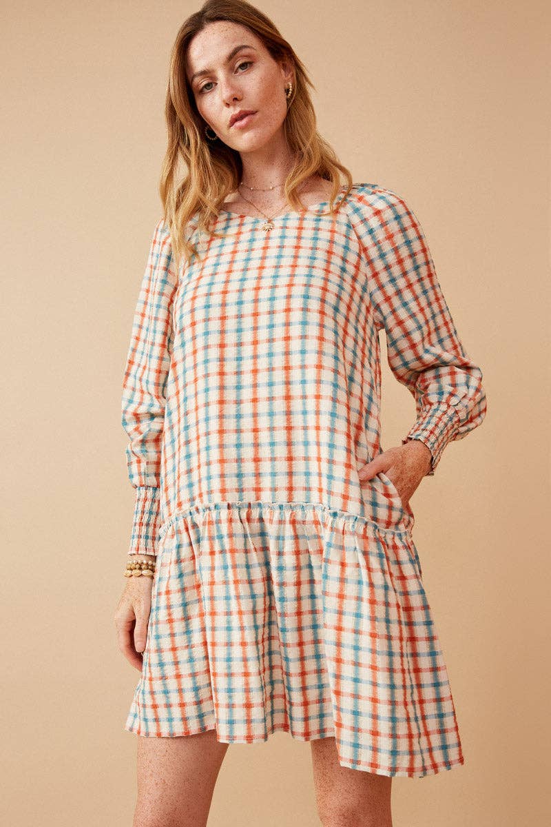 Rust Mix Womens Linen Blend Textured Smock Cuff Dress for wholesale on Faire