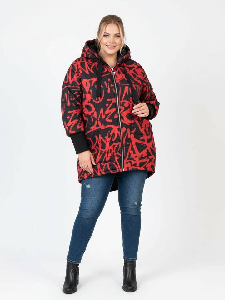 Röd tryckt dunjacka i stora storlekar (C6628) för wholesale av Pomme Rouge Paris