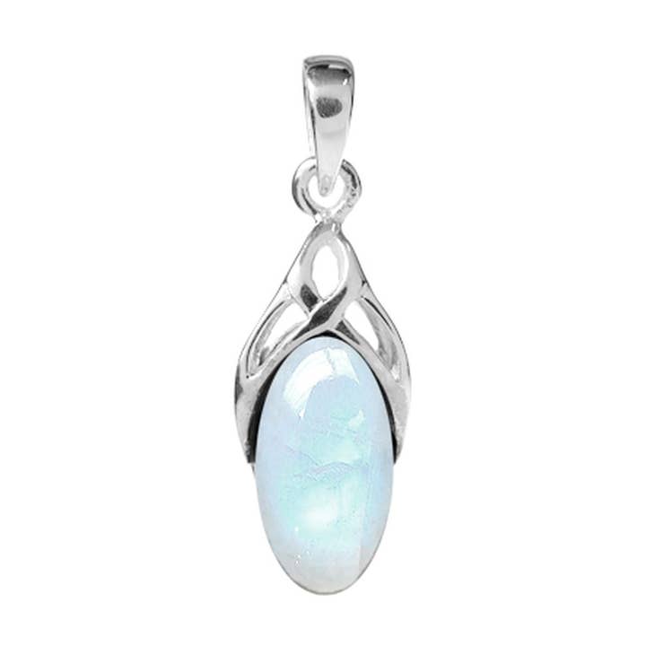Ciondolo celtico ovale in pietra di luna arcobaleno Betsy per la vendita all'ingrosso da parte di Kali Ma Designs - Sterling Silver Jewellery